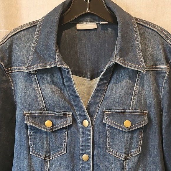 New York & Company Blue Denim Snap Long Sleeve Dress - Picture 2 of 16